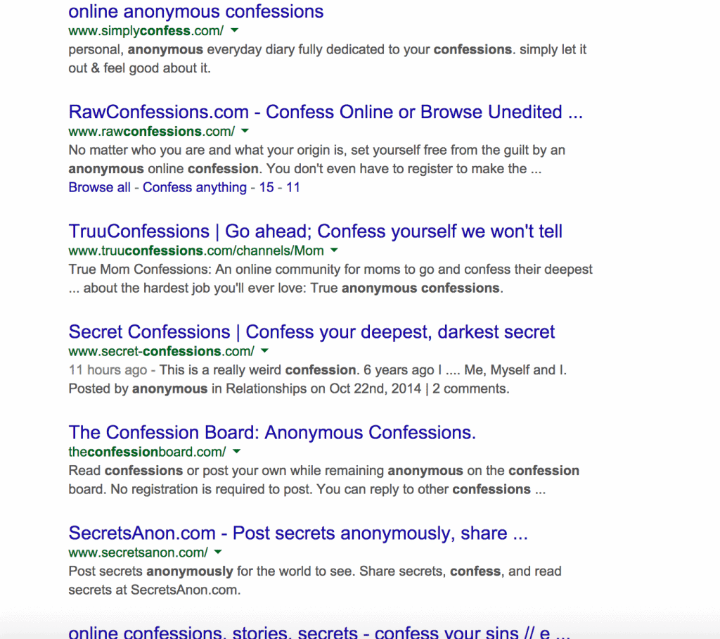 Google Screenshot of all the different confession sites