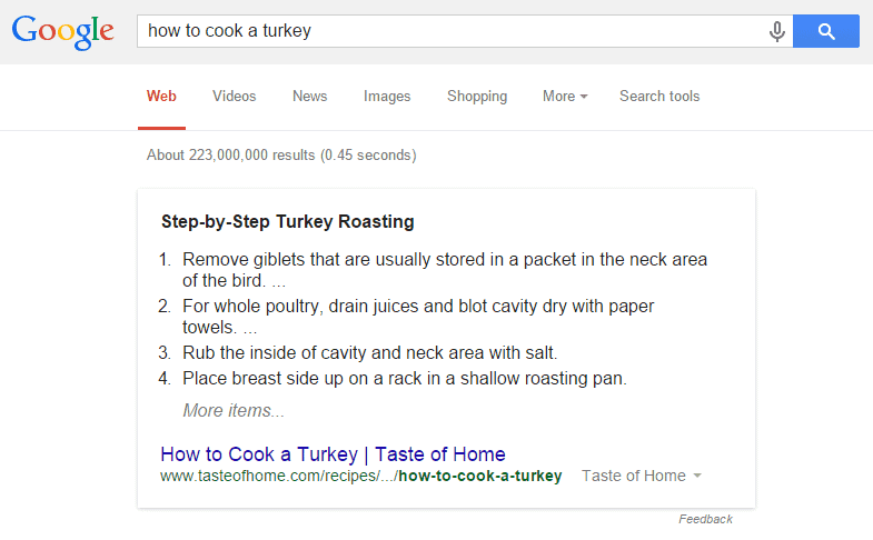 Google knowledge graph search result - how to cook a turkey