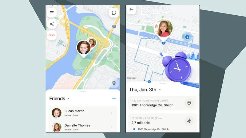 Child tracking app interface showing live location on a map with personal profiles and trip details.
