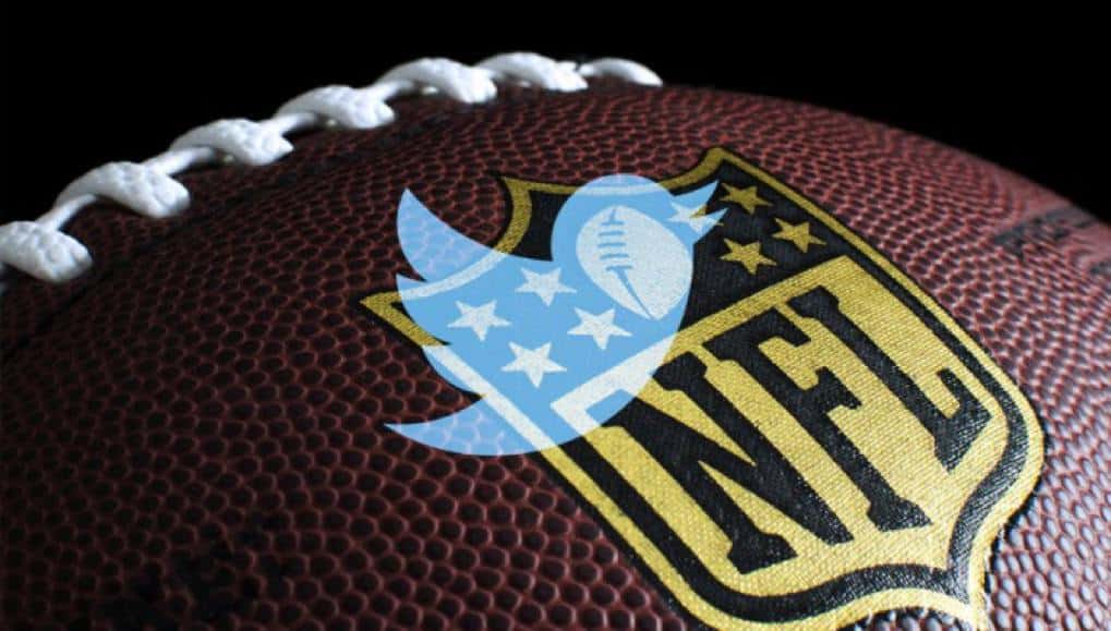 Twitter logo superimposed over a football with the nfl logo on it