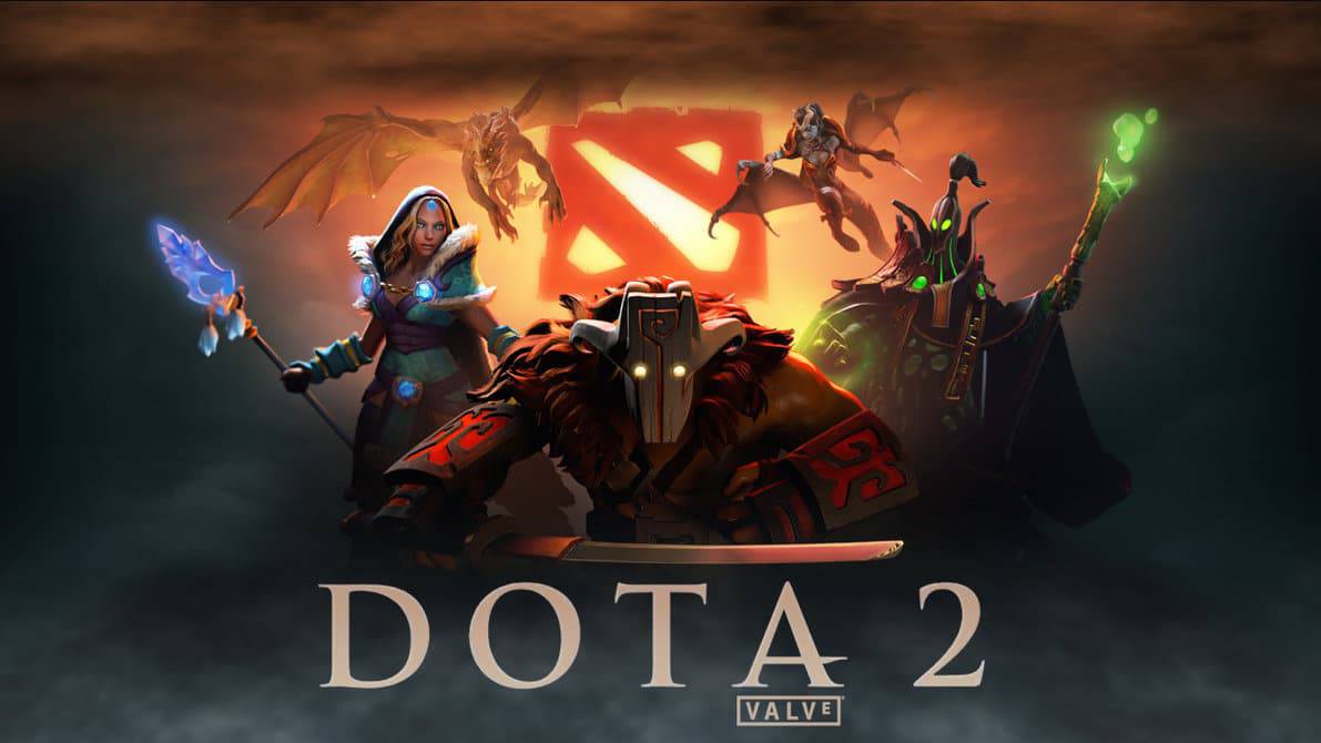 In this image, the video game dota 2 developed by valve is being advertised. Full text: dota 2 valve