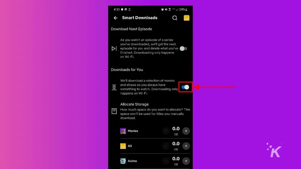 Netflix mobile downloads for you toggle on
