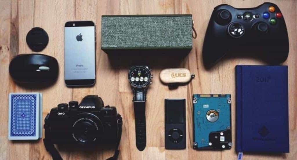 gadgets on wooden table