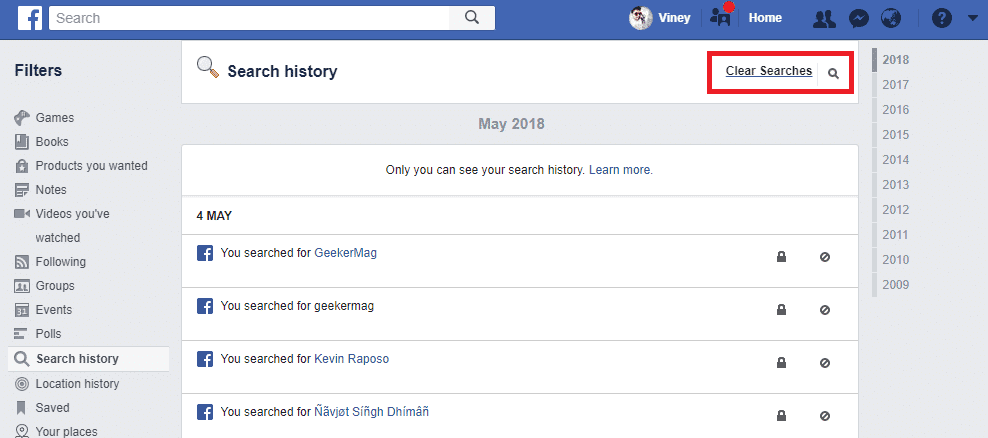 Facebook clear history