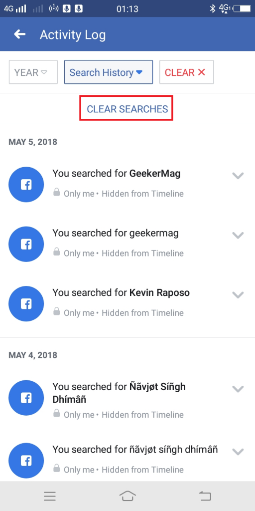 Facebook search history