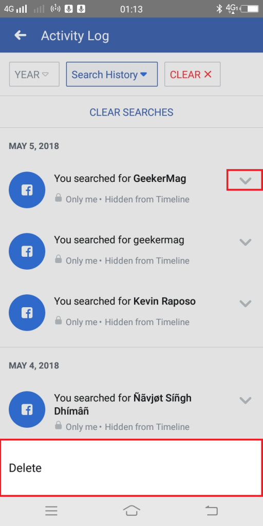 Facebook activity log search history