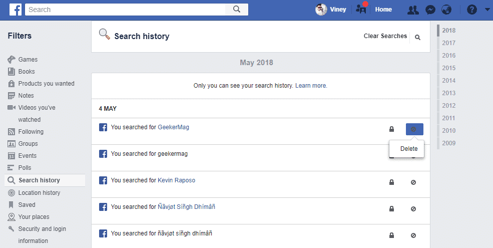 Facebook clear history