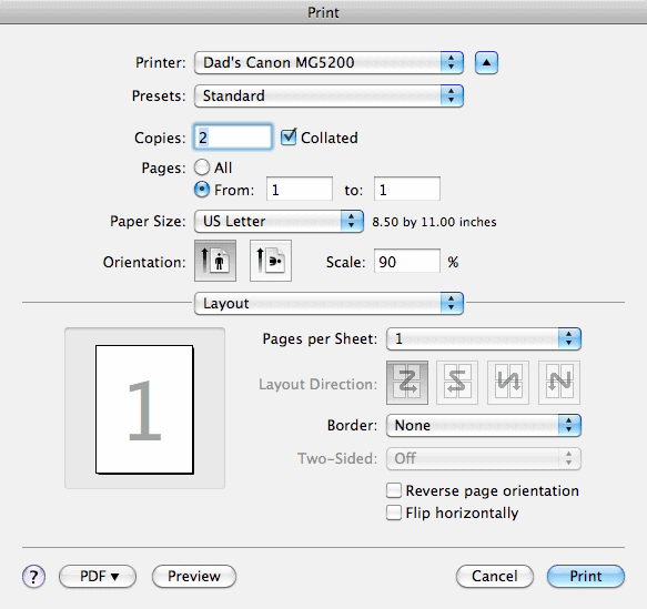 Printer's properties