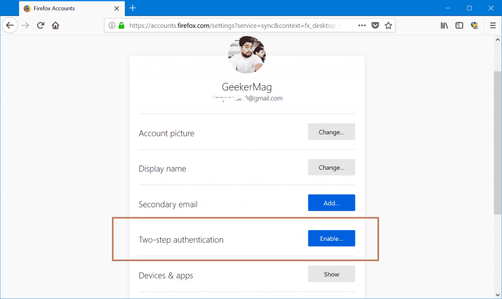 Two step authentication