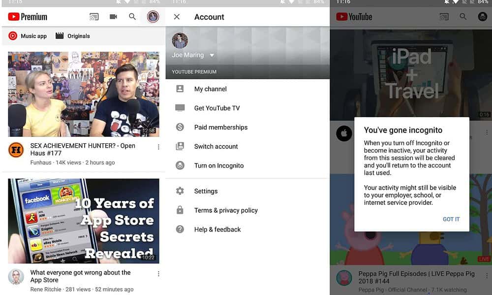 how to turn incognito mode youtube