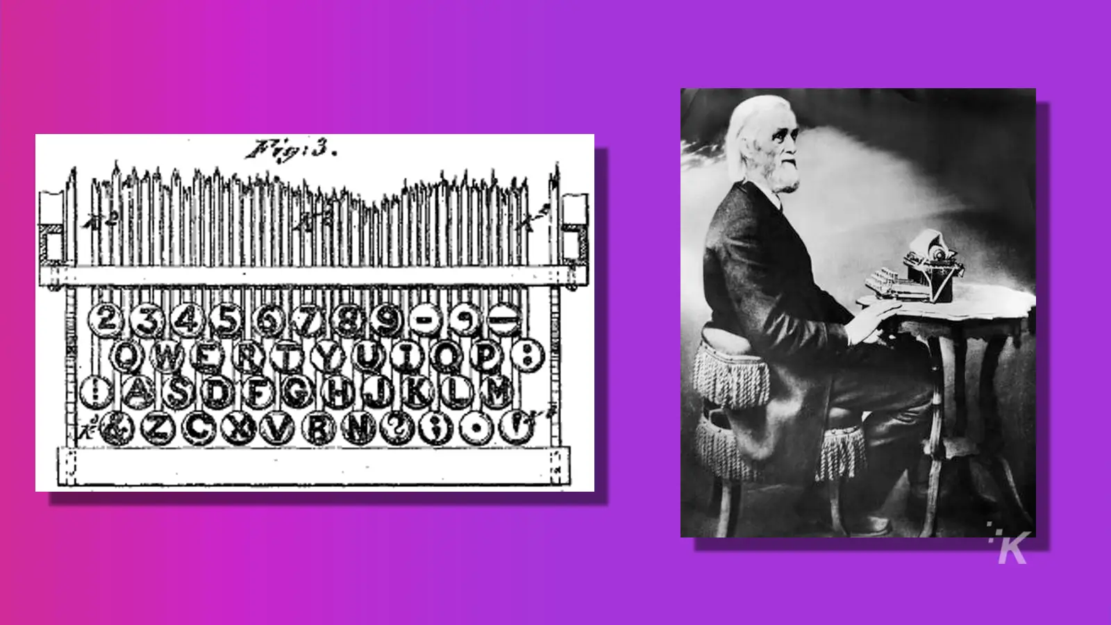 two images of the dvorak querty layout showing original typewriter and old man on a purple background