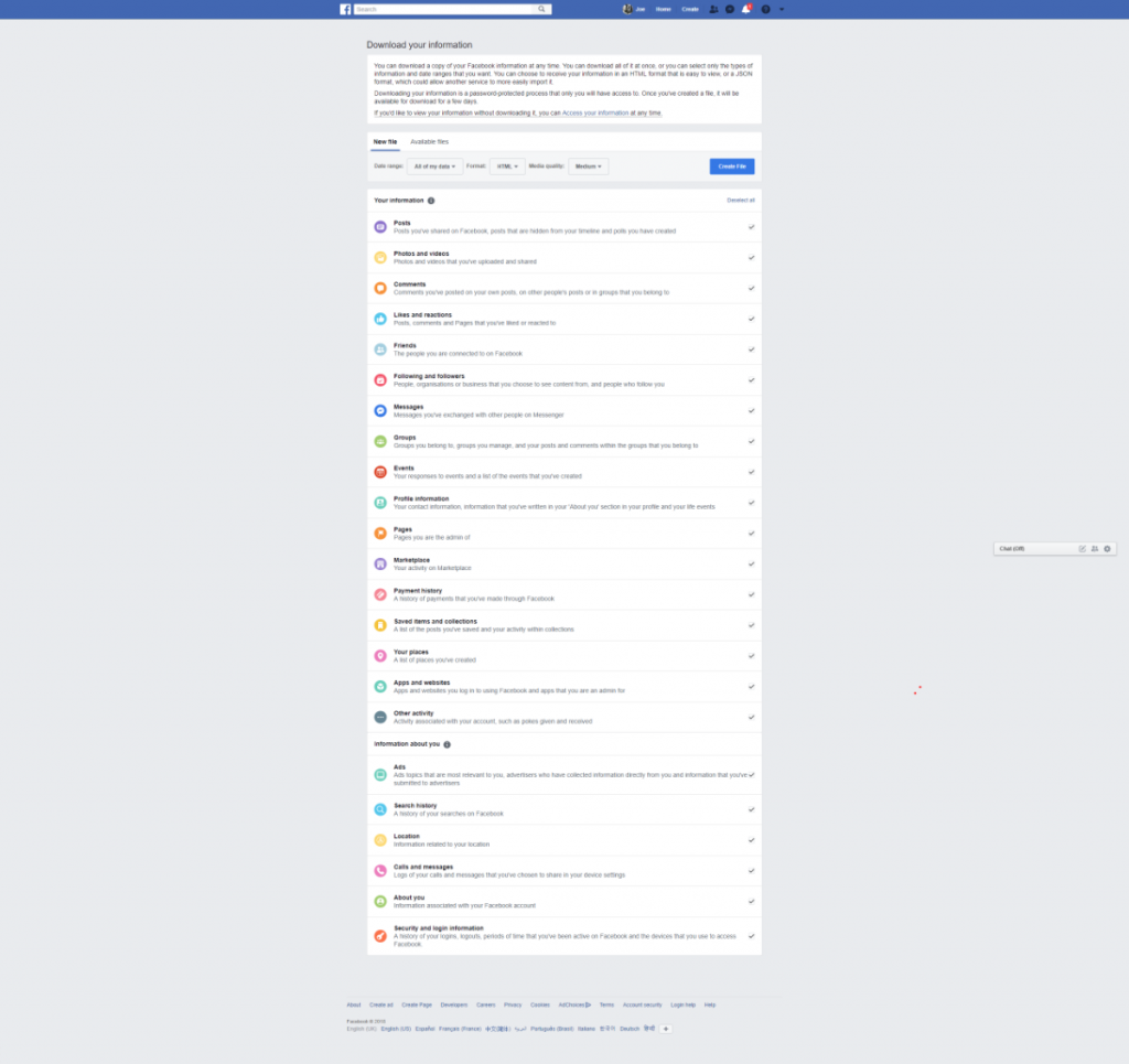 Choose which data to download from Facebook