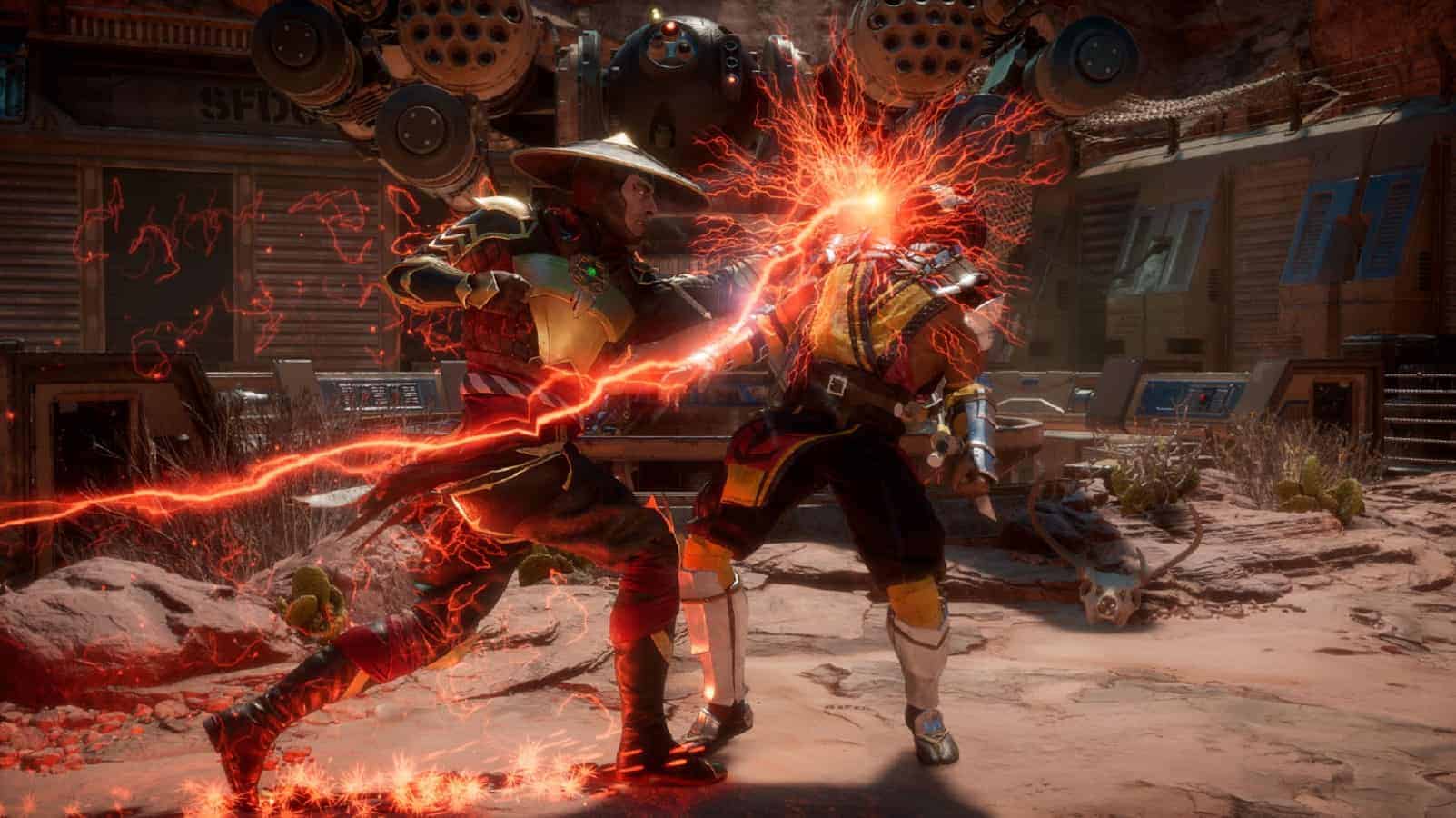 Raiden and scorpion fighting in mortal kombat xi