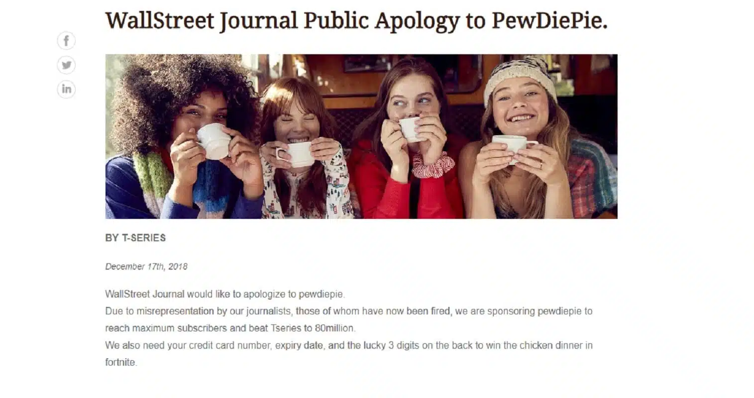 screenshot of hacked wall street journal ad promoting pewdiepie