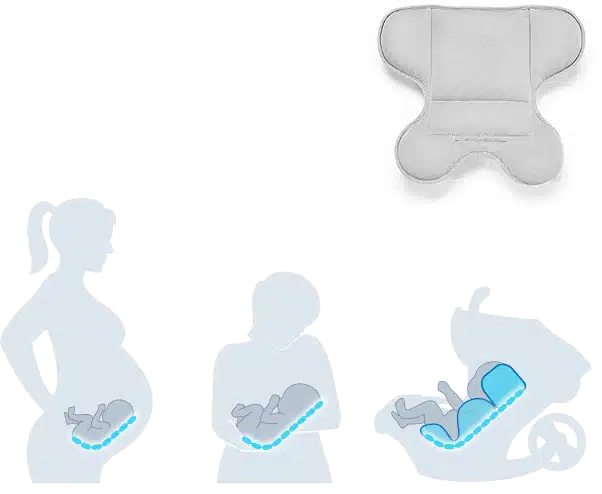 illustration of a baby inside the belly of mother and then another holding the baby and then another with the baby in the car seat.
