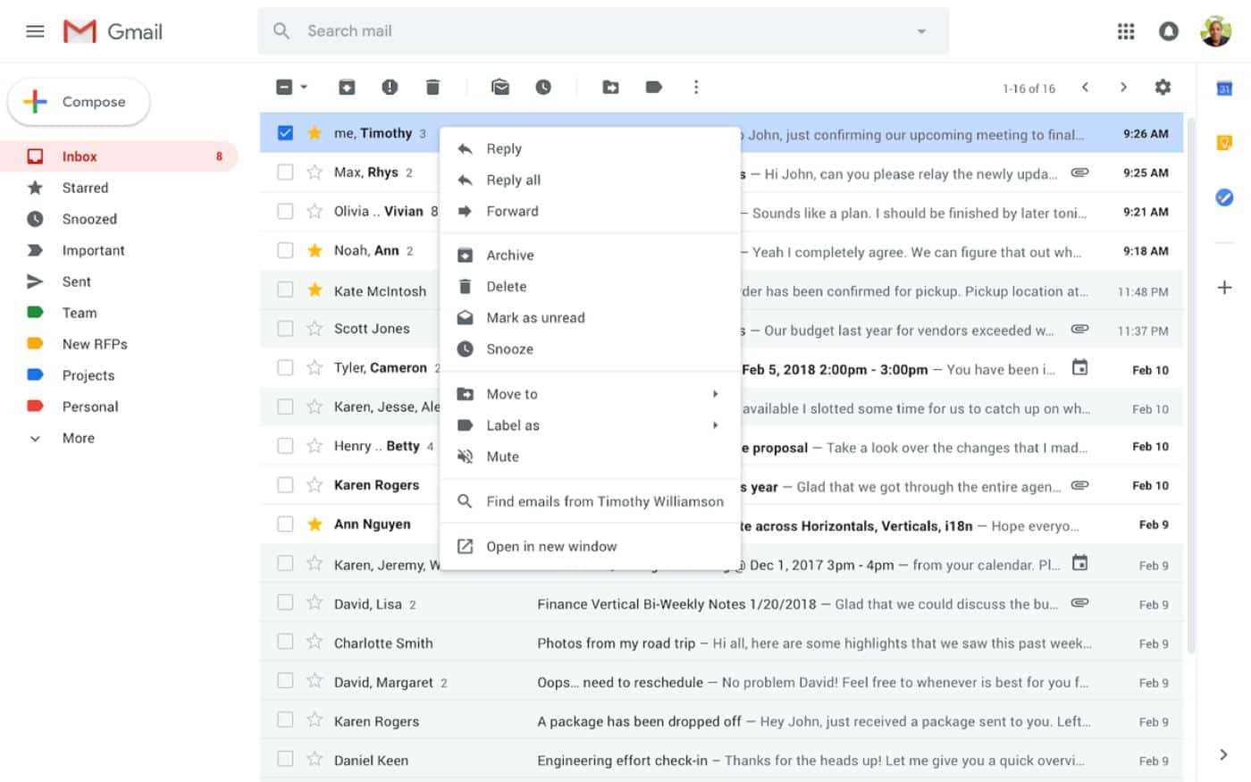 gmail right click menu new options