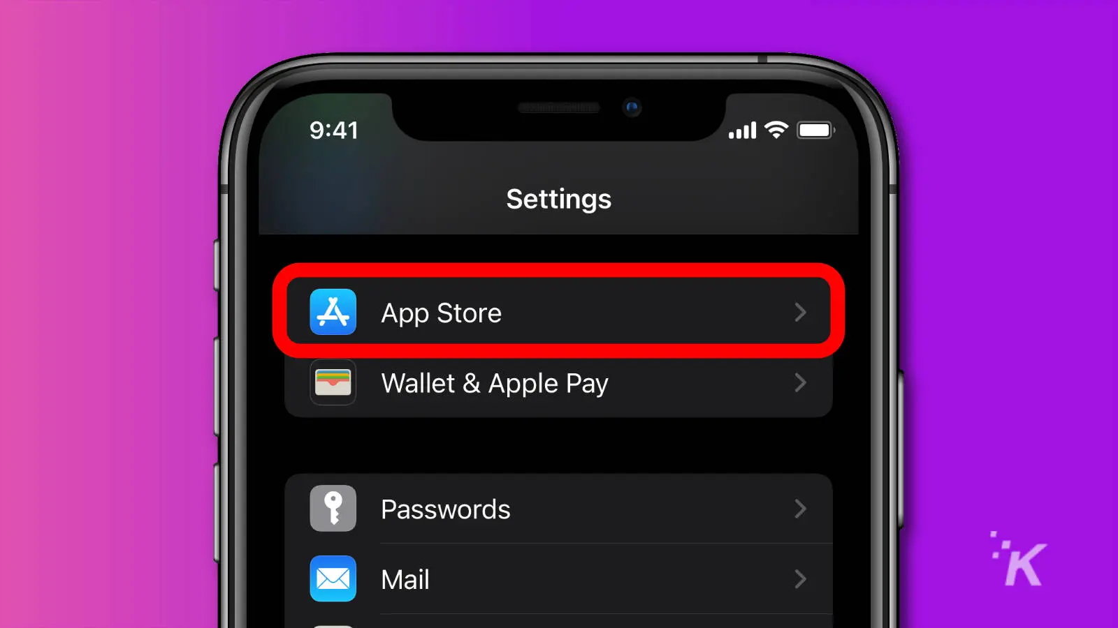 ios settings menu showing app store 