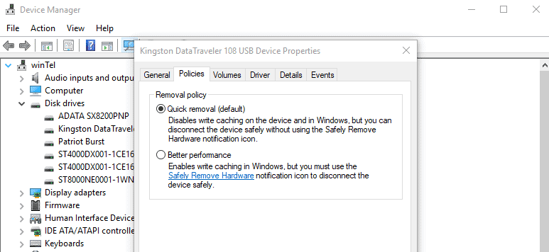 windows 10 steps on usb quick removal