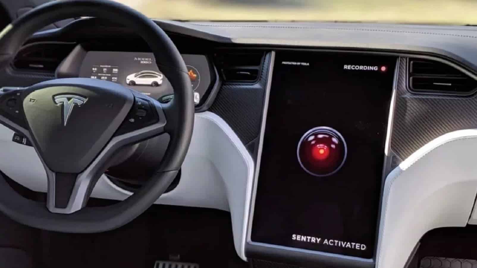 Tesla car showing off sentry mode on screen