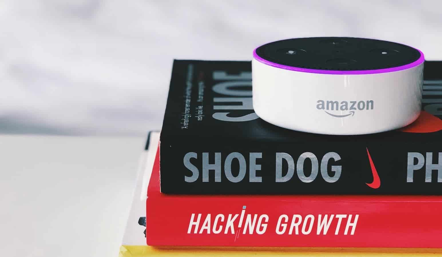 Amazon echo device with alexa sitting on books