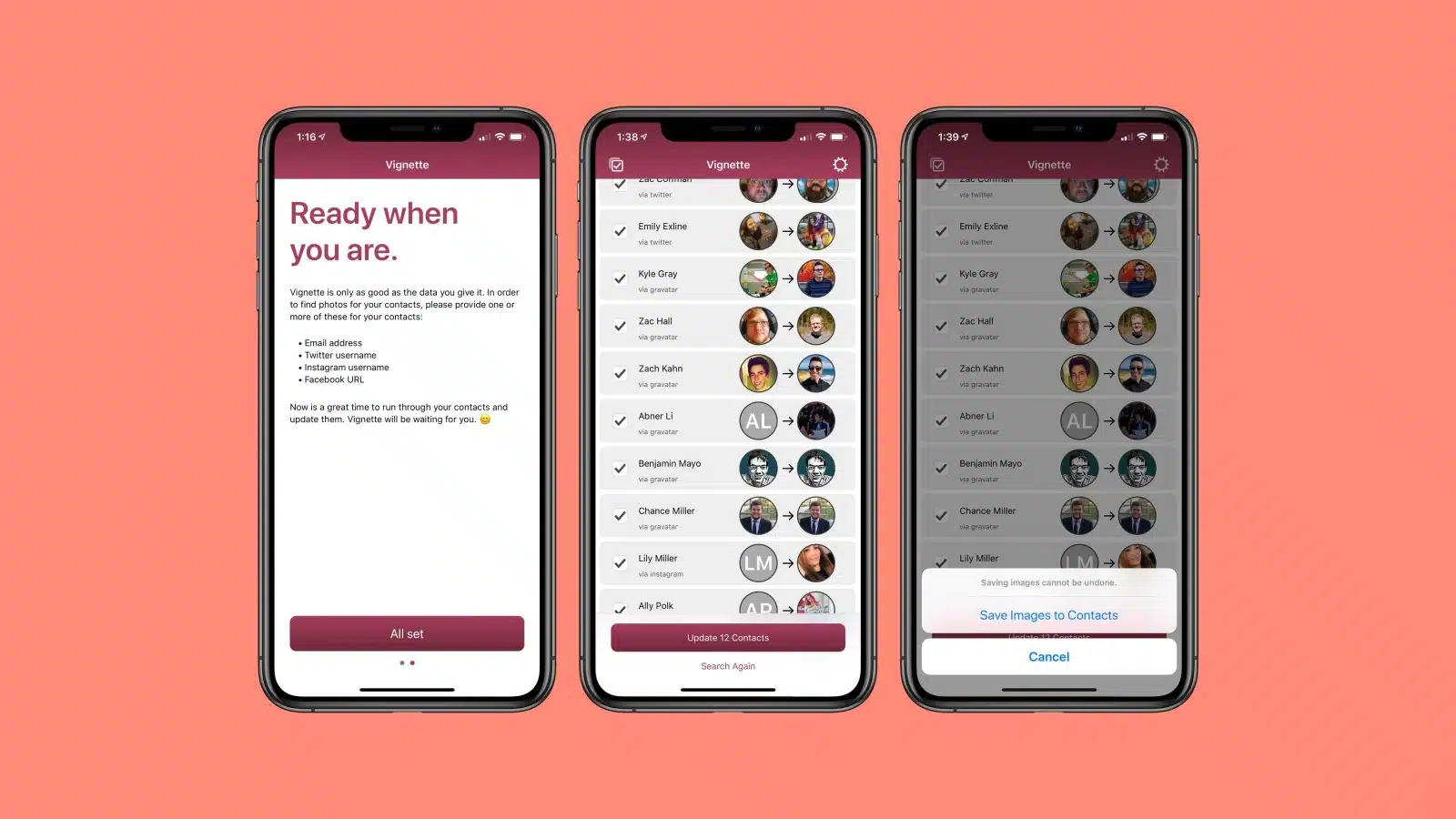 screenshots of the vignette ios app for replacing default contact images