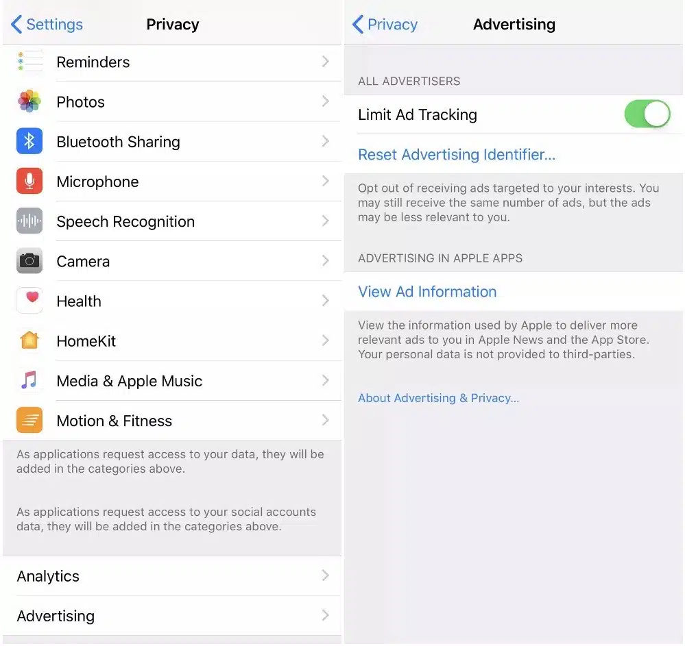 settings pages to limit ad tracking on ios