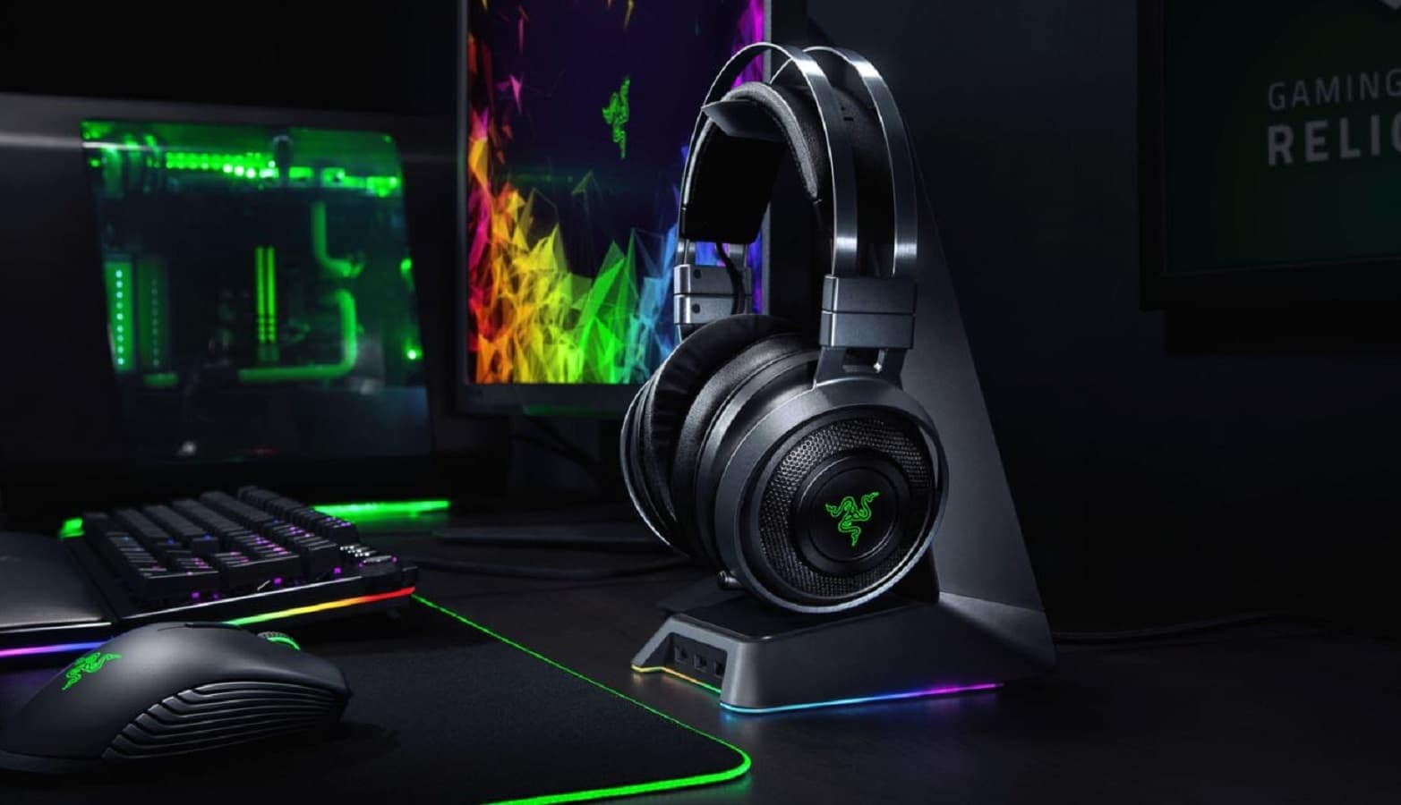 razer products on desk with rgb lighting everywhere