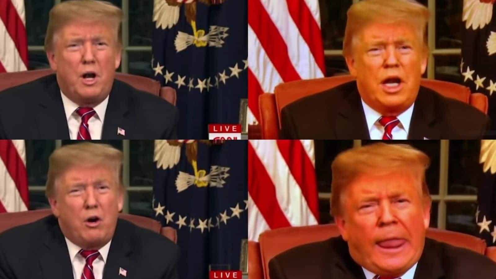 Quad photo of a politician speaking, flags behind.