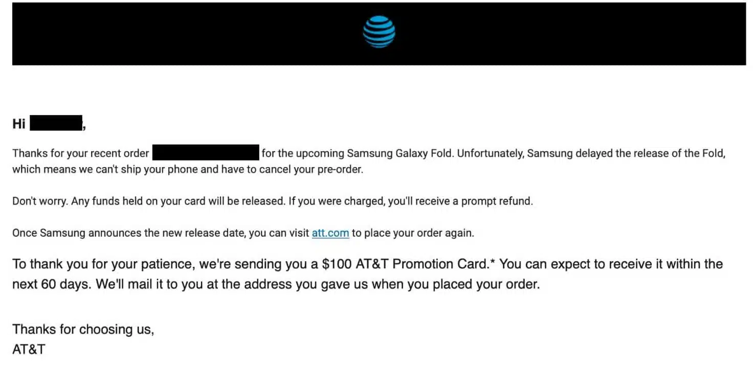 at&t canceling galaxy fold preorders