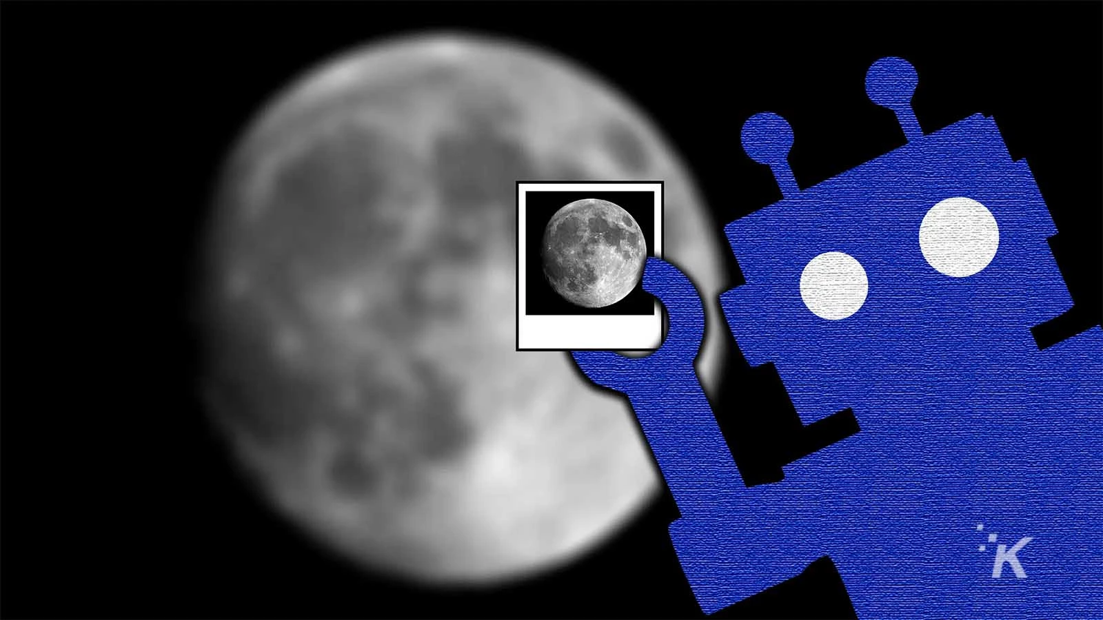 blue robot holding a picture of the moon with a blurry moon in the backgorund