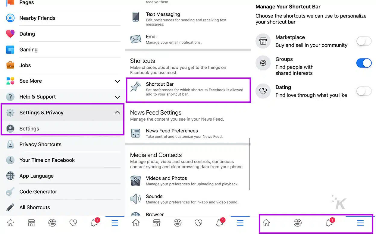 facebook shortcut bar edit