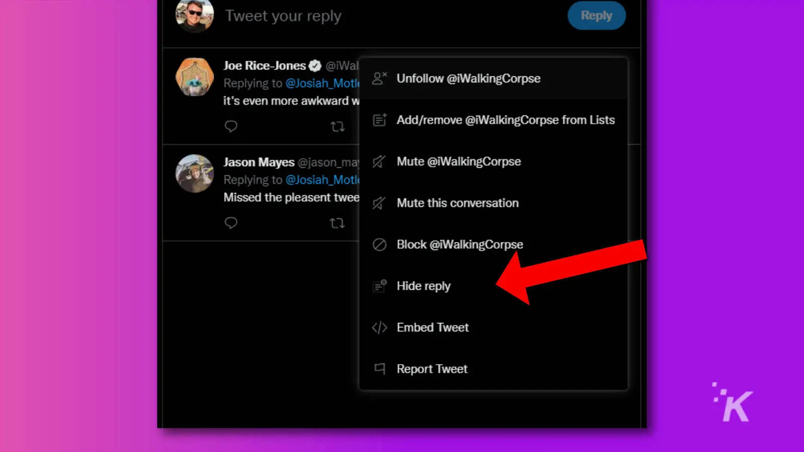 screenshot of twitter website showing the option to hide a reply to one of your tweets