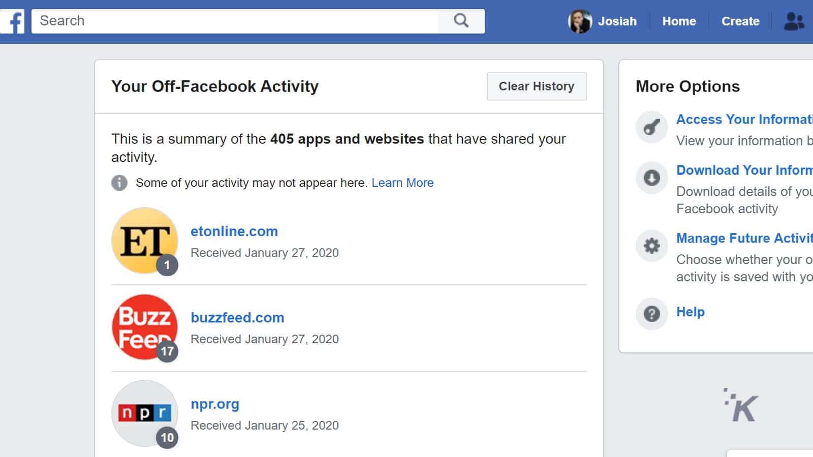 Facebook clear history 3 kt