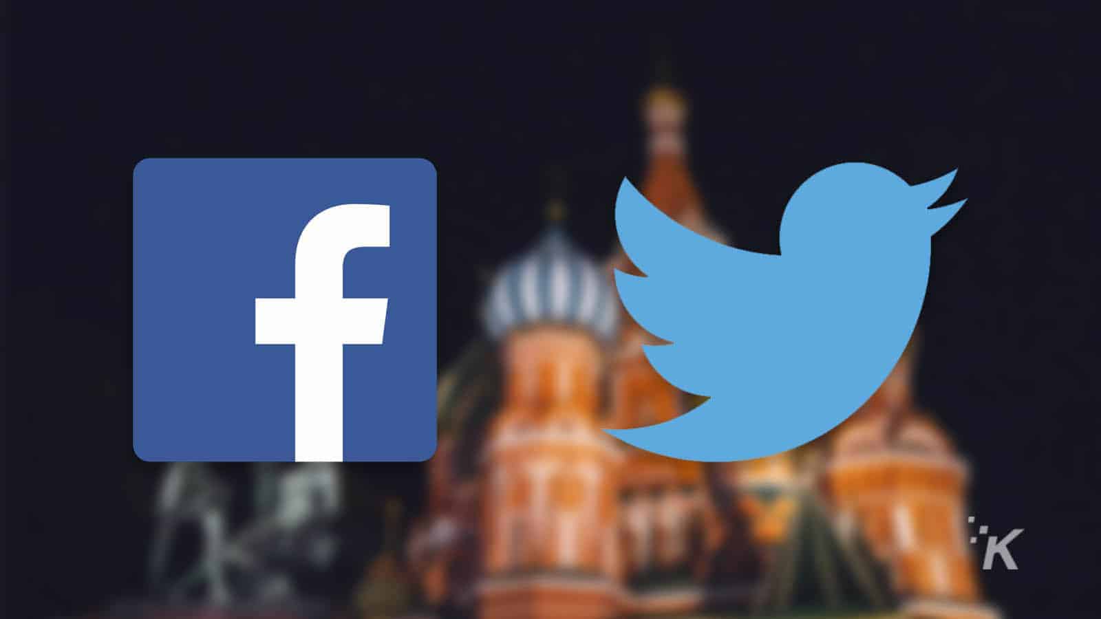 Facebook and twitter logos on russian backdrop