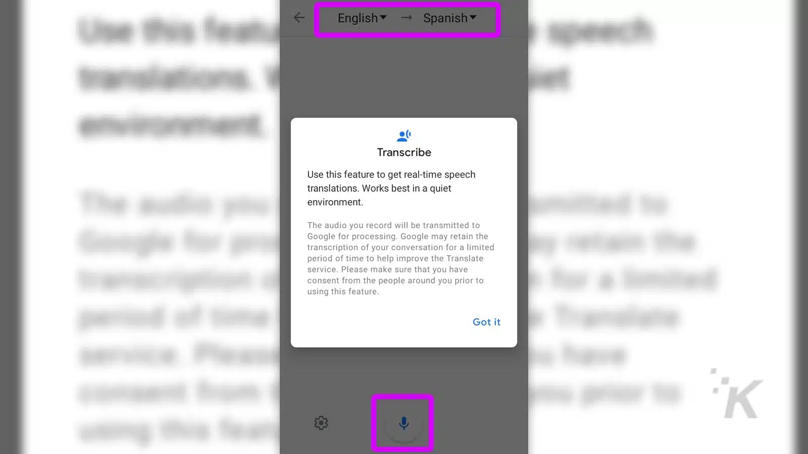 google translate transcribe feature