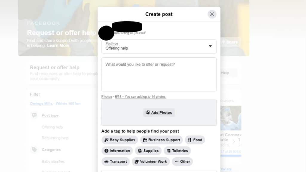Facebook’s new Help” feature lets you request or offer help