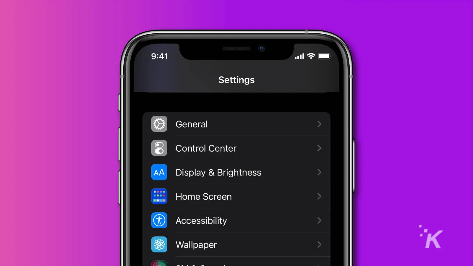 Screenshot of ios settings showing the control center option