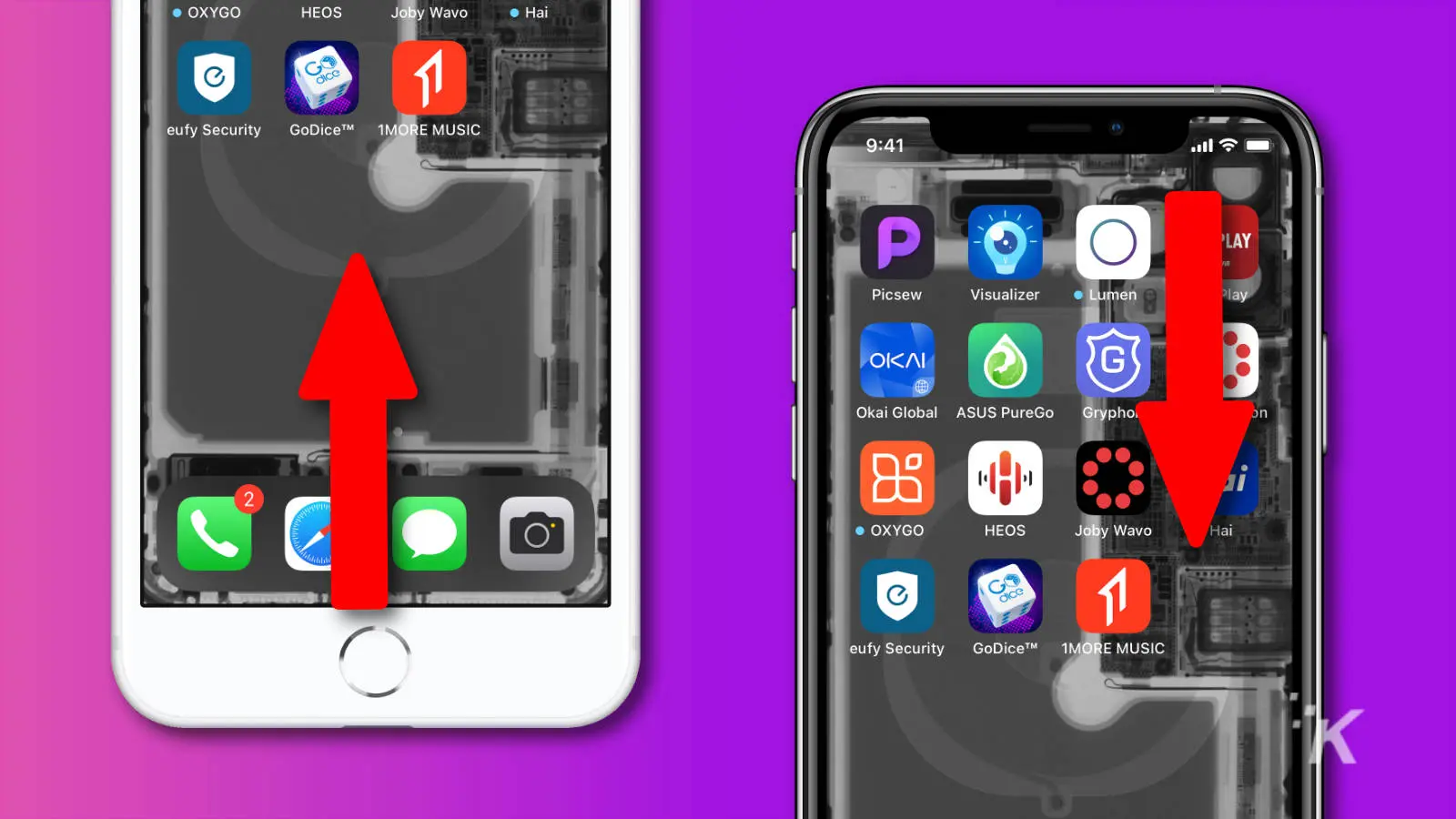 Screenshots of iphone 8s and iphone 11 pro showing where to swipe to open control center