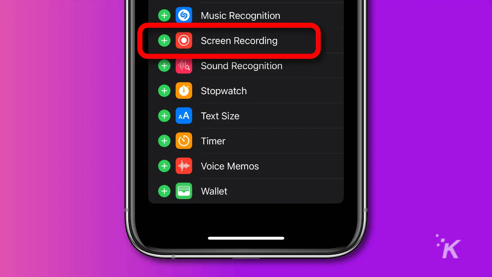 screenshot of ios settings showing the option to add screen recording to control center