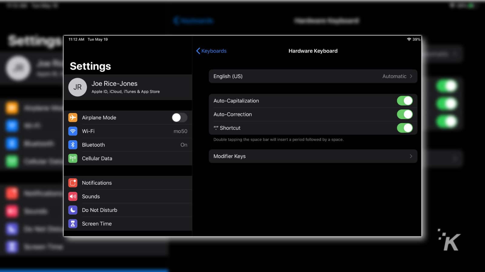 ipad hardware keyboard settings page