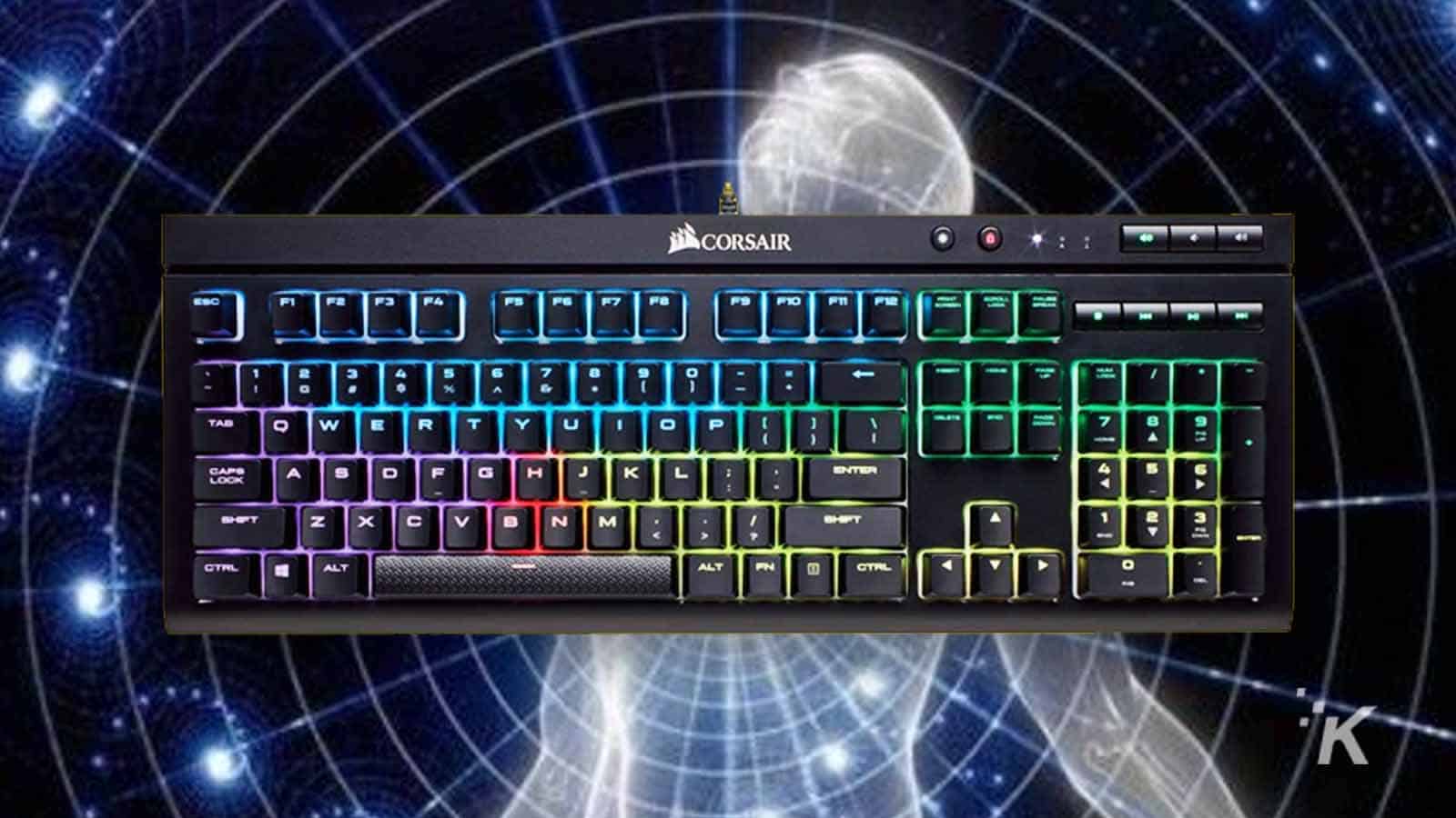 mechanical keyboard on galaxy brain background