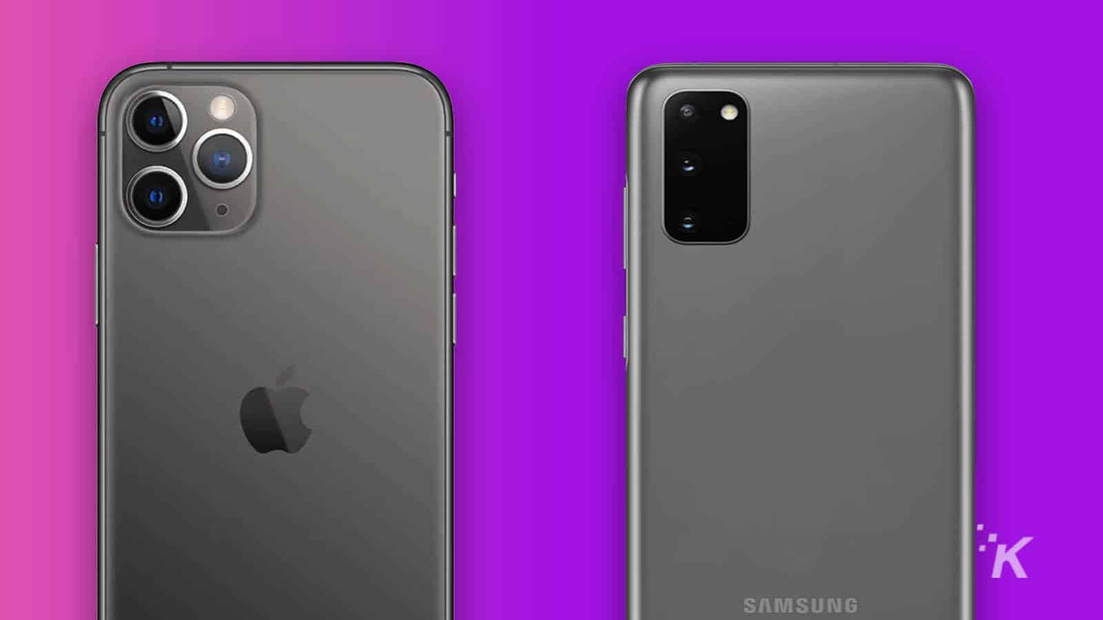 android and iphone on purple background