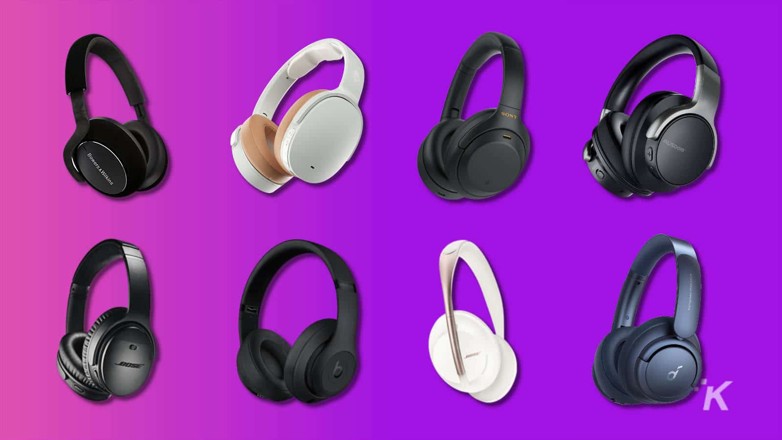 eight of the best active noise canceling headphones on amazon on a purple background