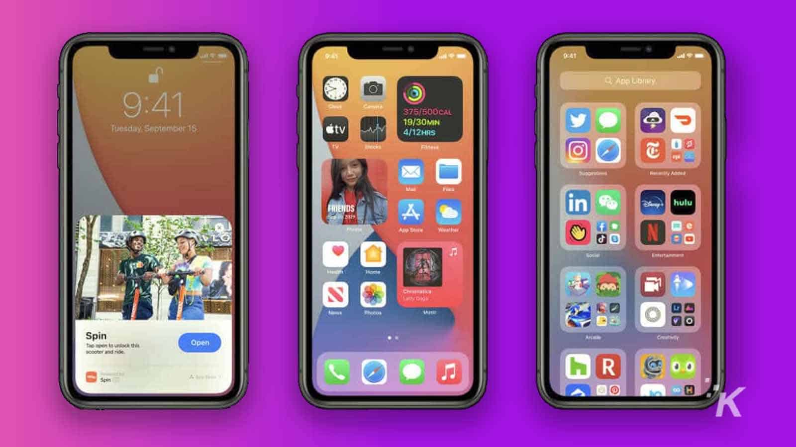 three Iphone 14s in a purple background