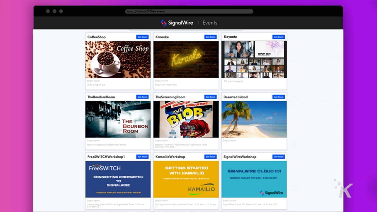signalwire events page with rooms