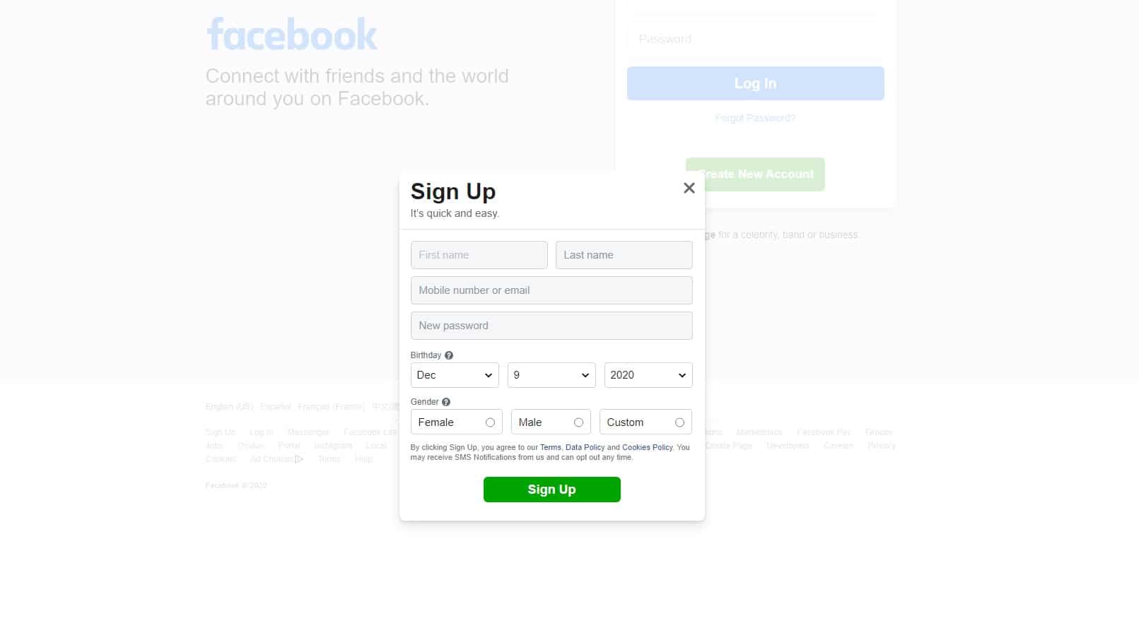 facebook sign up form