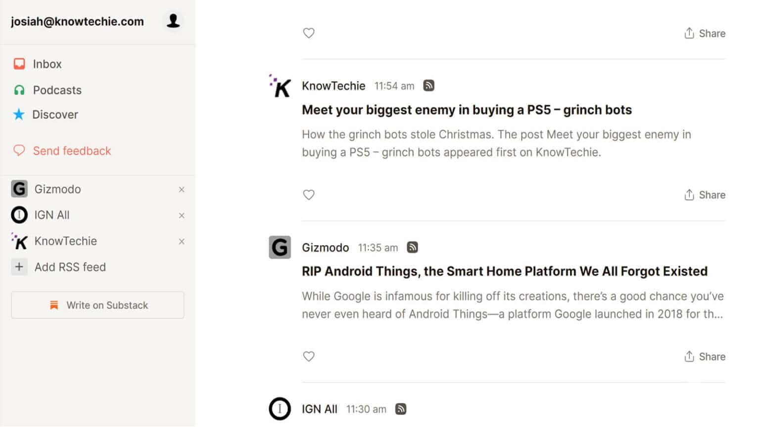 Substack Reader collects all your newsletters and feeds in one place