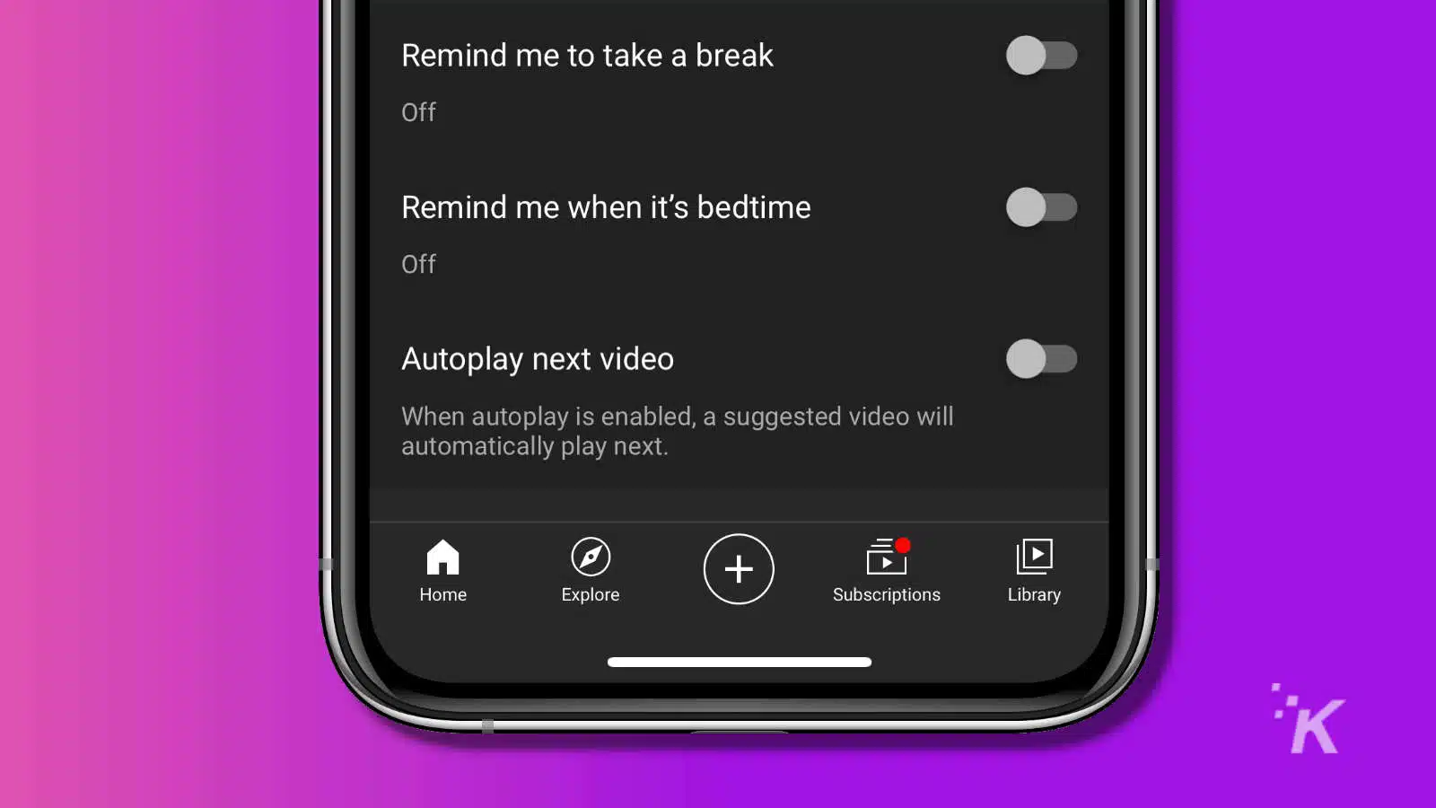 youtube app bedtime reminder