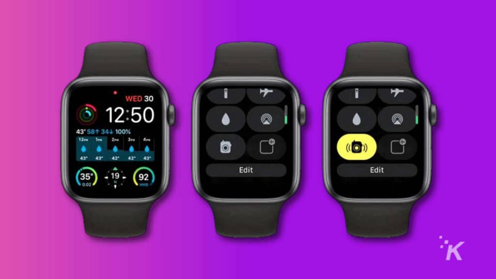 apple watch control center on a purple background