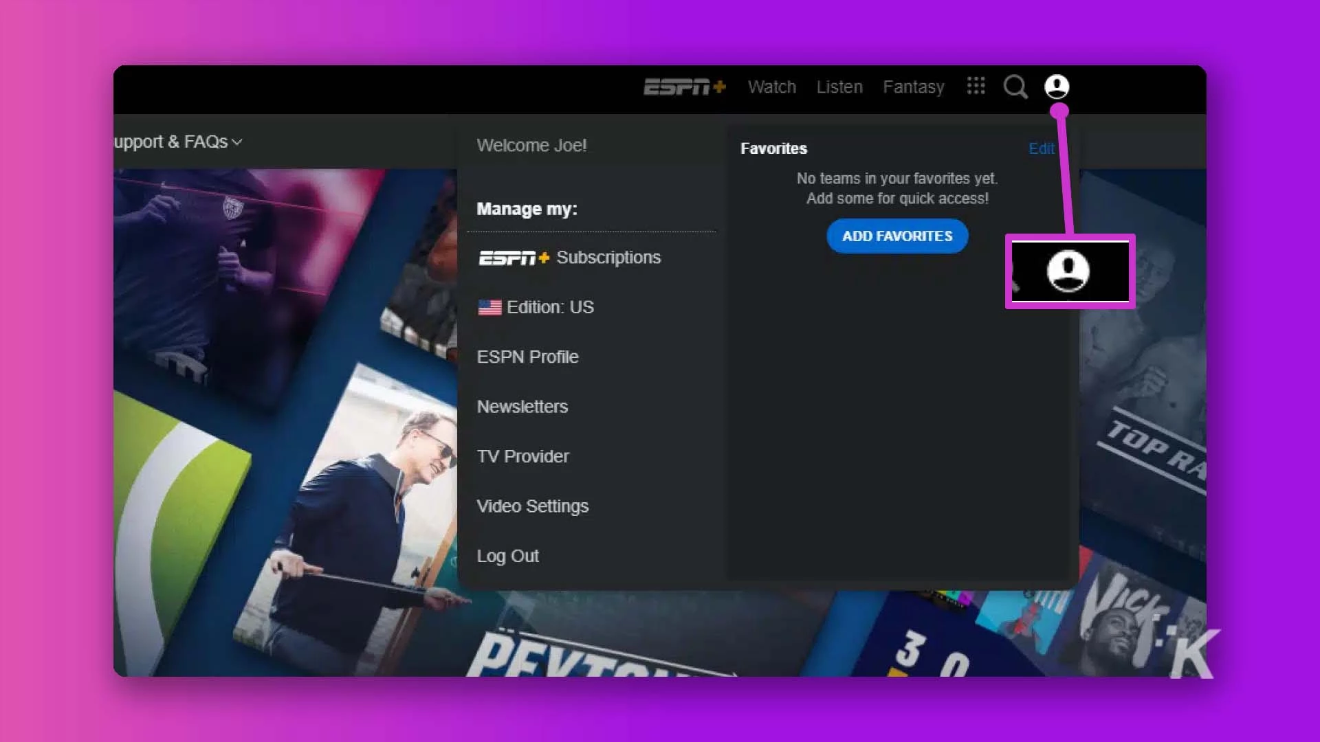 Home page with box around account icon on top right